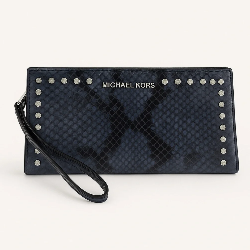 Michael Kors Blue Snakeskin Studded Leather Wristlet Clutch Wallet